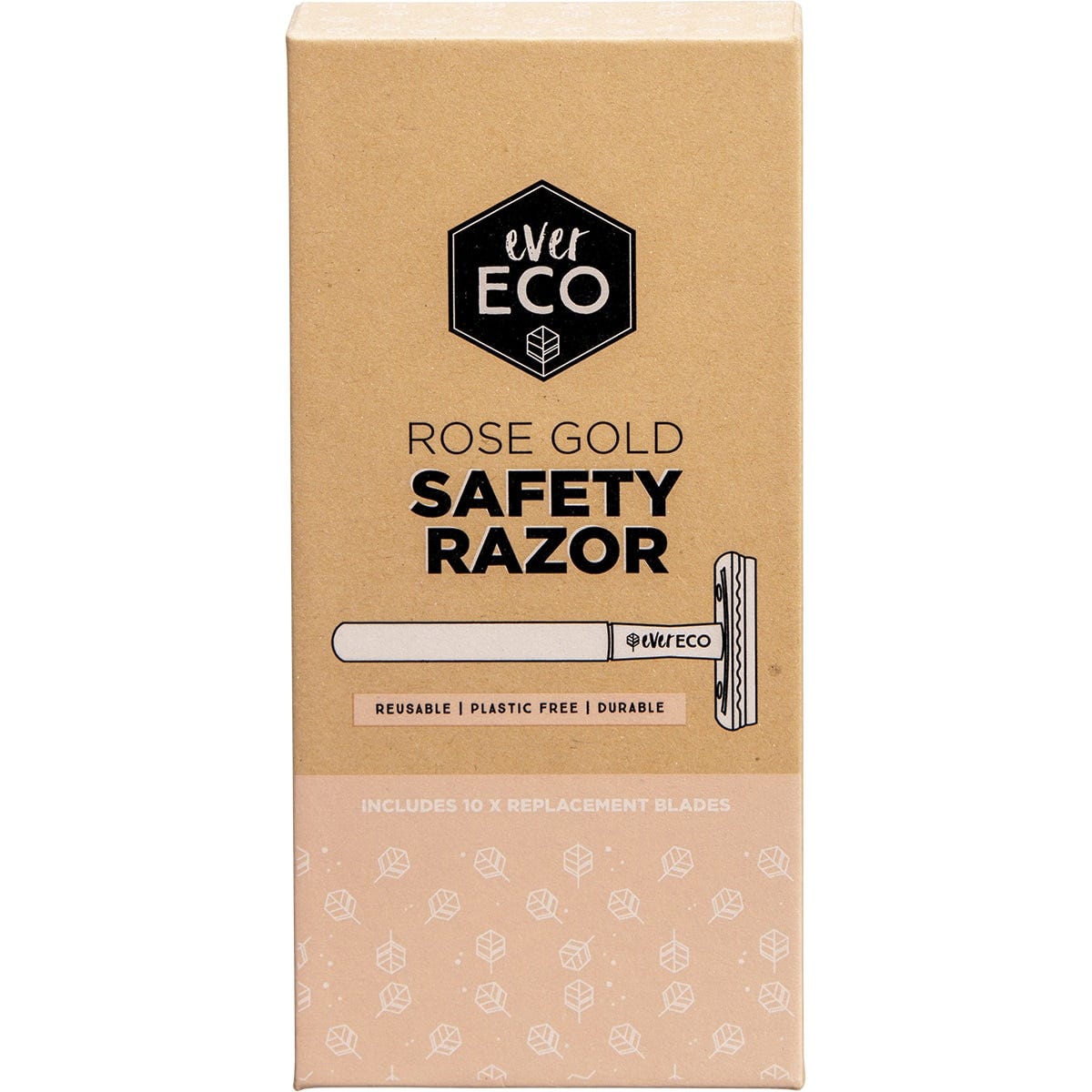 Rose gold metal safety razor by Ever Eco, shown with its handle and head on a clean white background.