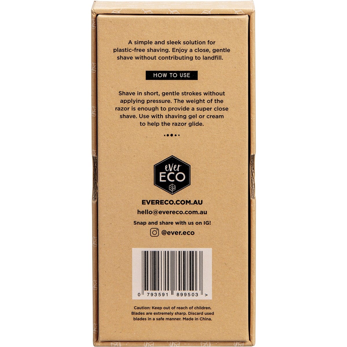 Back of Ever Eco Safety Razor box showing product features and a sustainable, plastic-free mission statement.