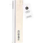 Straight stainless steel straw and cleaning brush in a white organic cotton drawstring pouch with Ever Eco branding.