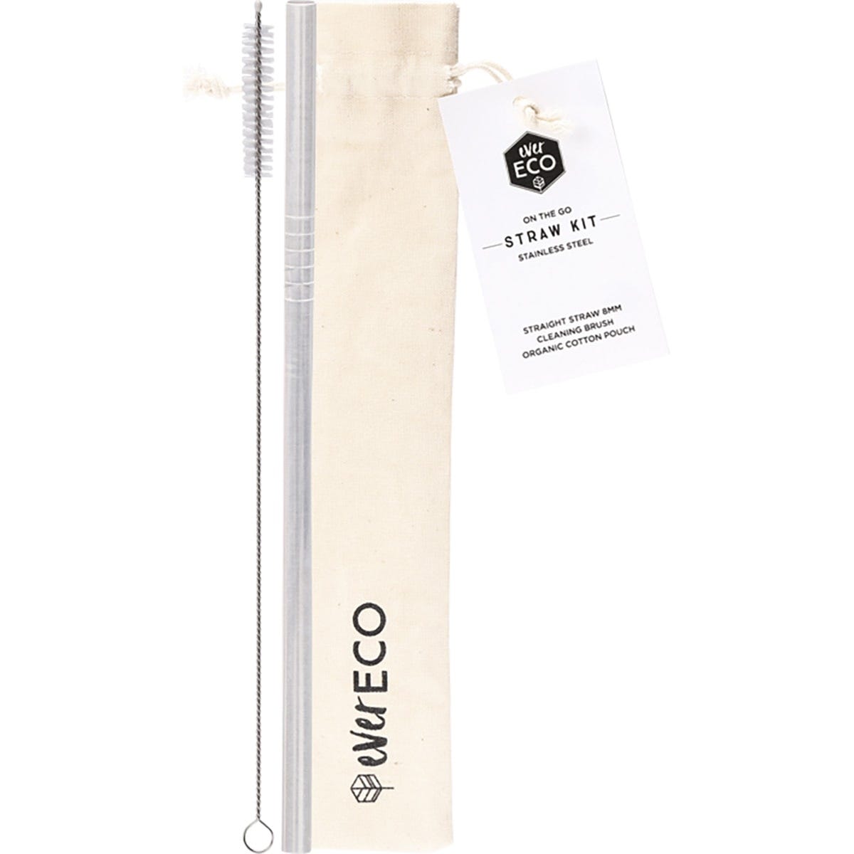 Straight stainless steel straw and cleaning brush in a white organic cotton drawstring pouch with Ever Eco branding.