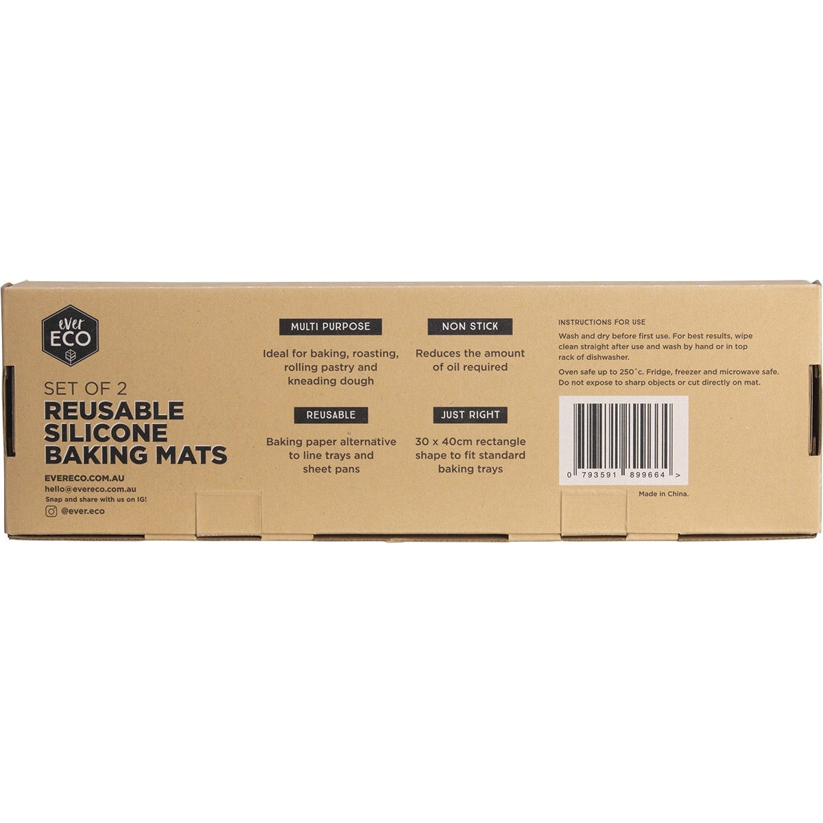 Back of packaging for Ever Eco reusable silicone baking mats 2 pack showing product features and care instructions.