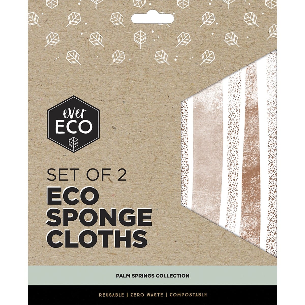 Two Ever Eco sponge cloths in the Palm Springs collection featuring earthy hues, dusty pinks, and a cactus print.