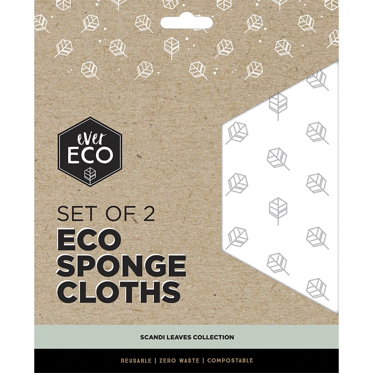 Two-pack of Ever Eco Scandi Leaves sponge cloths in grey and white featuring a signature leaf pattern.