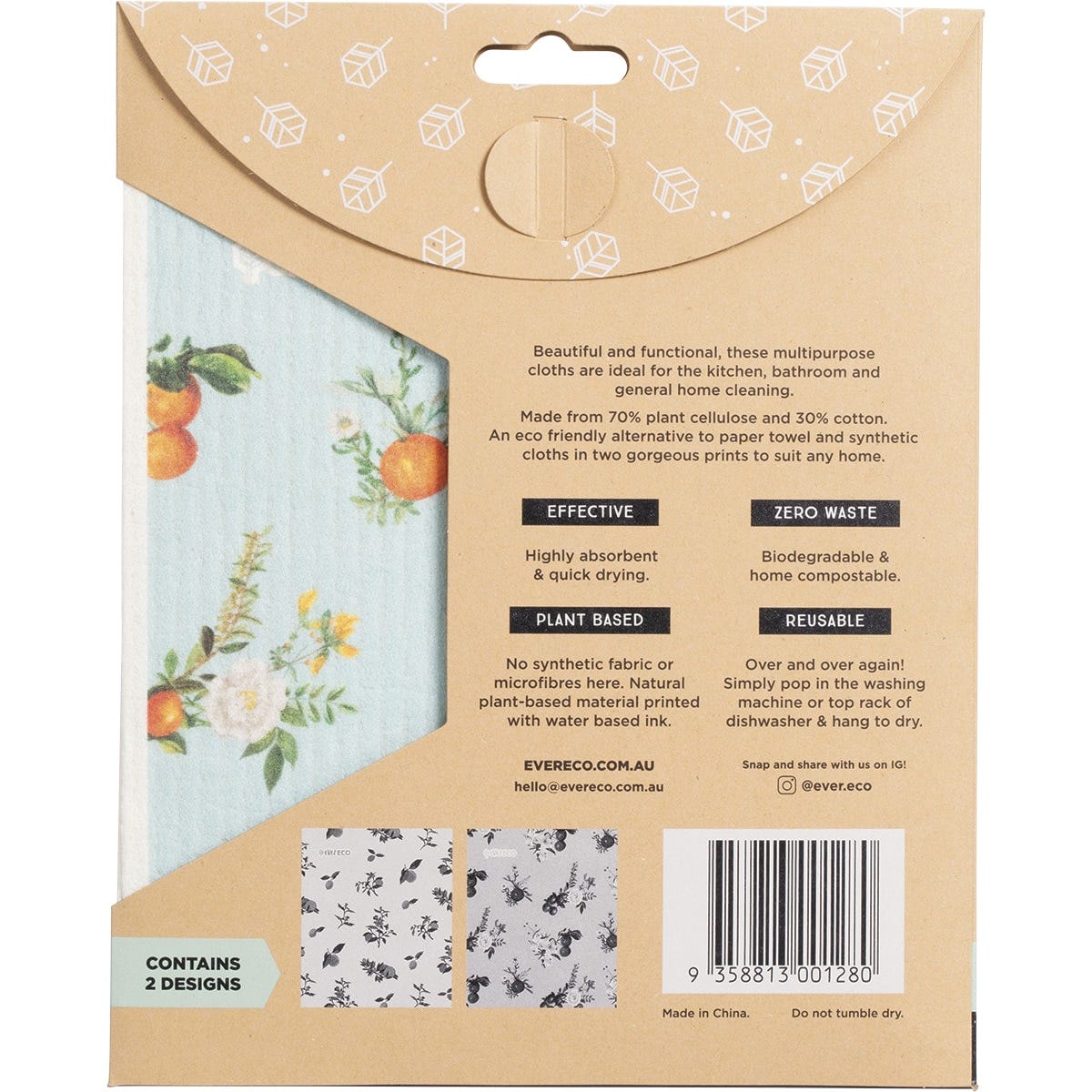Back of Ever Eco Eco Sponge Cloths packaging featuring care instructions and product details on a white background.