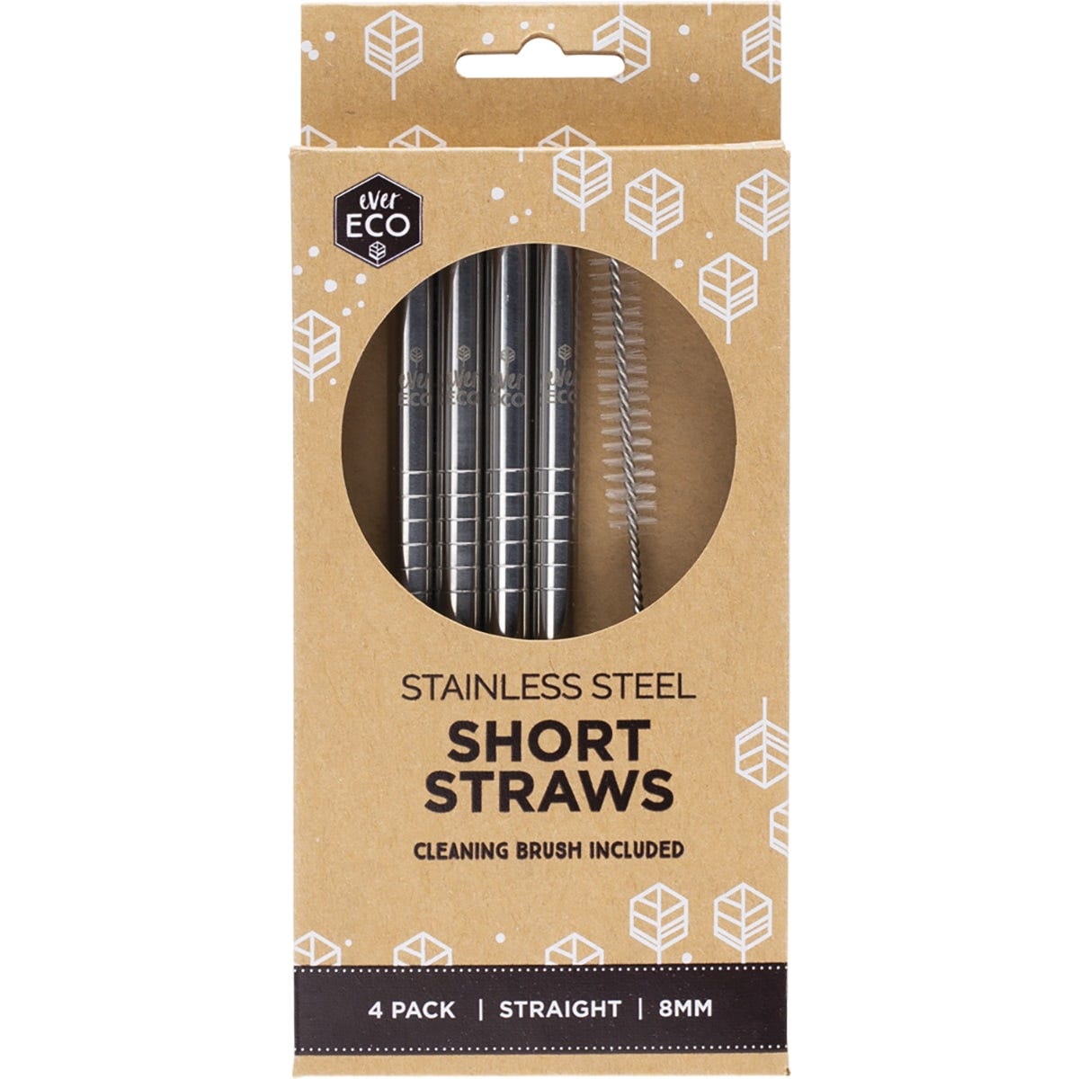 Four stainless steel short straws and a cleaning brush on a white background.
