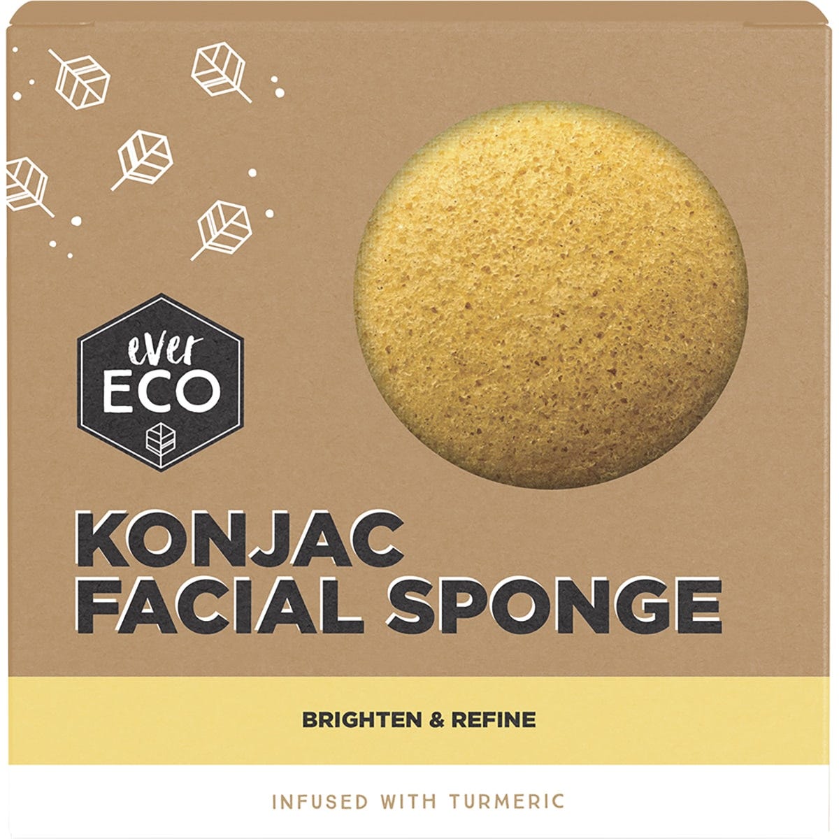Yellow teardrop-shaped Ever Eco Konjac Facial Sponge infused with turmeric on a white background.