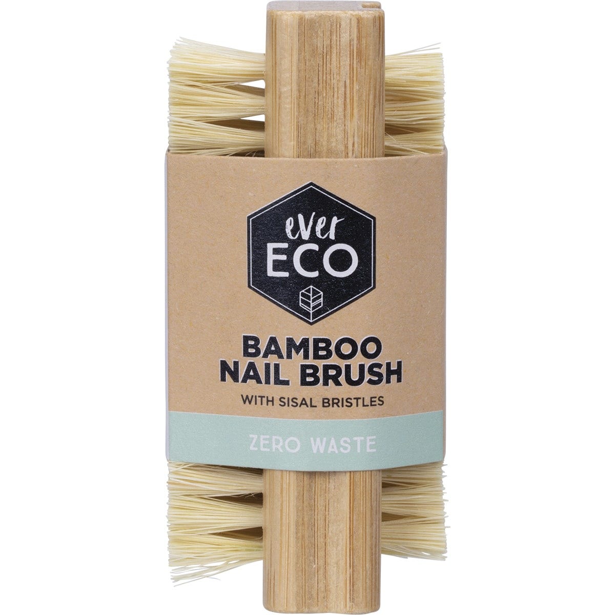 Dual-sided Ever Eco nail brush with a bamboo handle and natural sisal bristles on a white background.