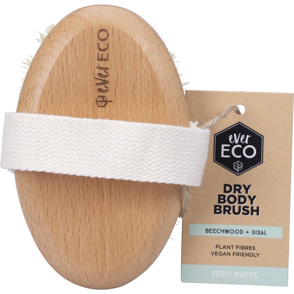 Ever Eco dry body brush with a round beech wood handle, natural sisal bristles, and a white cotton hand strap.