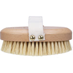 Side view of the Ever Eco dry body brush with sisal bristles, beechwood handle, and a white cotton hand strap.