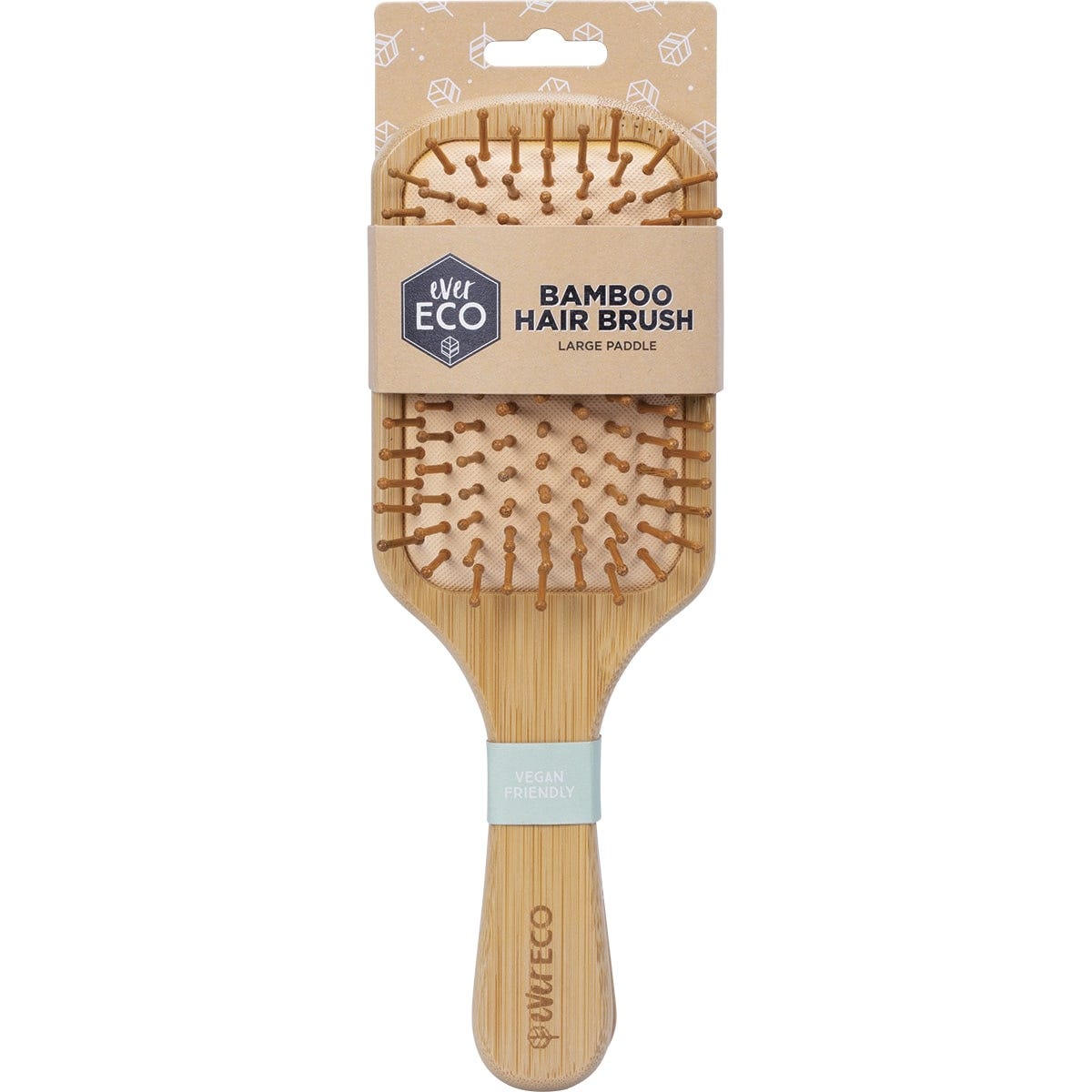 Large paddle hair brush made of light-toned bamboo with rounded wooden bristles and a natural rubber cushion.