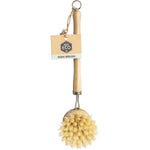Ever Eco dish brush with a long, unvarnished bamboo handle and a round head of natural, stiff sisal bristles.