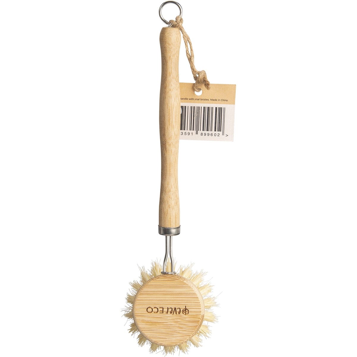 Reverse view of an Ever Eco dish brush showing the unvarnished bamboo handle and round sisal bristle head.
