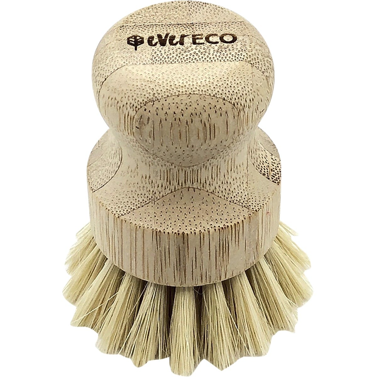 Eco-friendly veggie scrubber with a natural bamboo handle and stiff sisal plant fiber bristles.