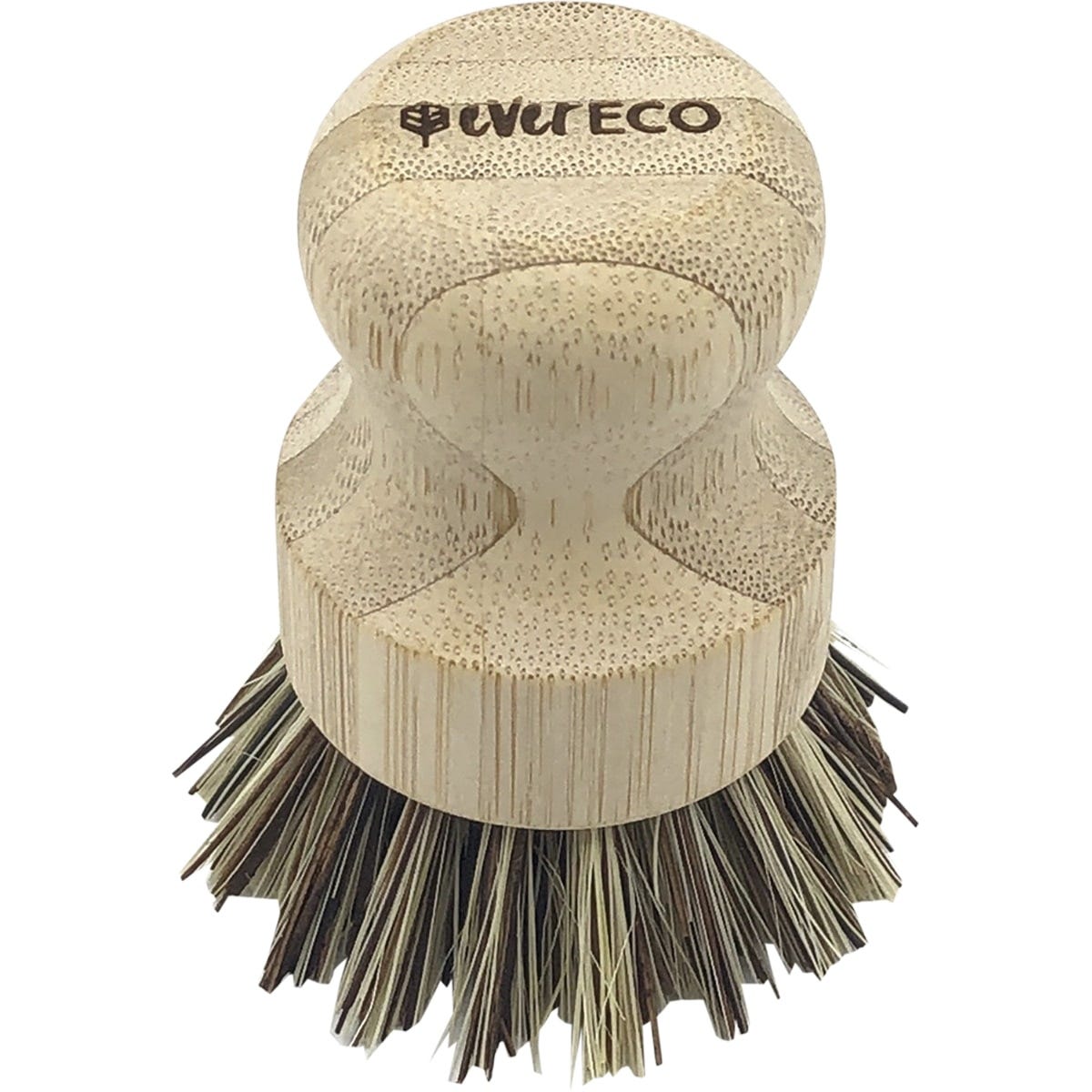 Ever Eco pot scrubber with a round bamboo handle and stiff, natural palm leaf bristles for sustainable dish cleaning.