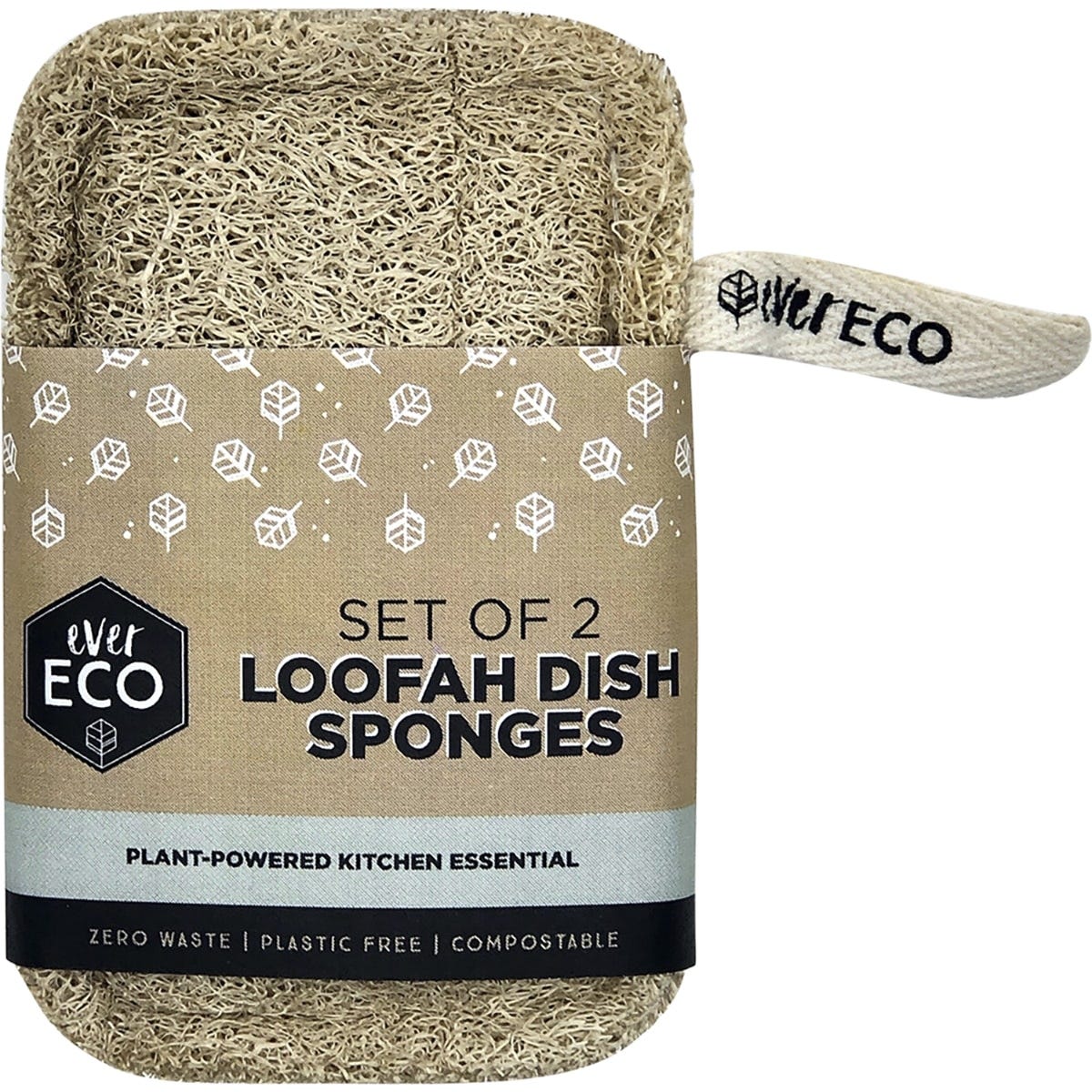 Two pack of oval Ever Eco loofah dish sponges made from natural plant fibers with cotton hanging loops.