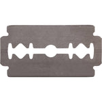 A single double-edge stainless steel safety razor blade shown against a white background.