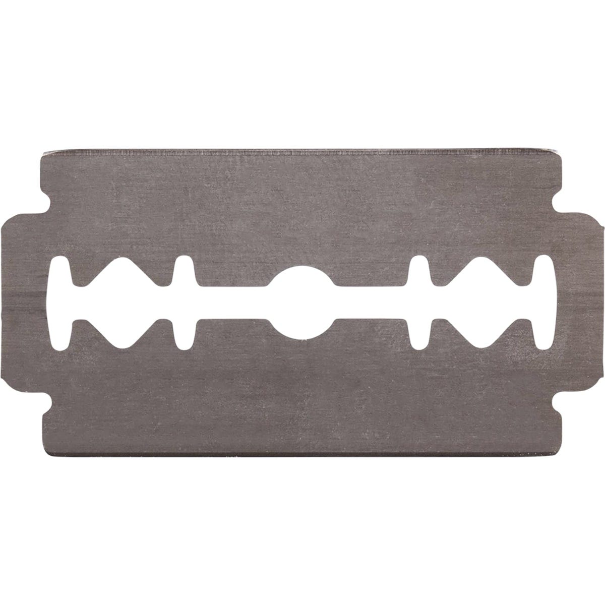 A single double-edge stainless steel safety razor blade shown against a white background.