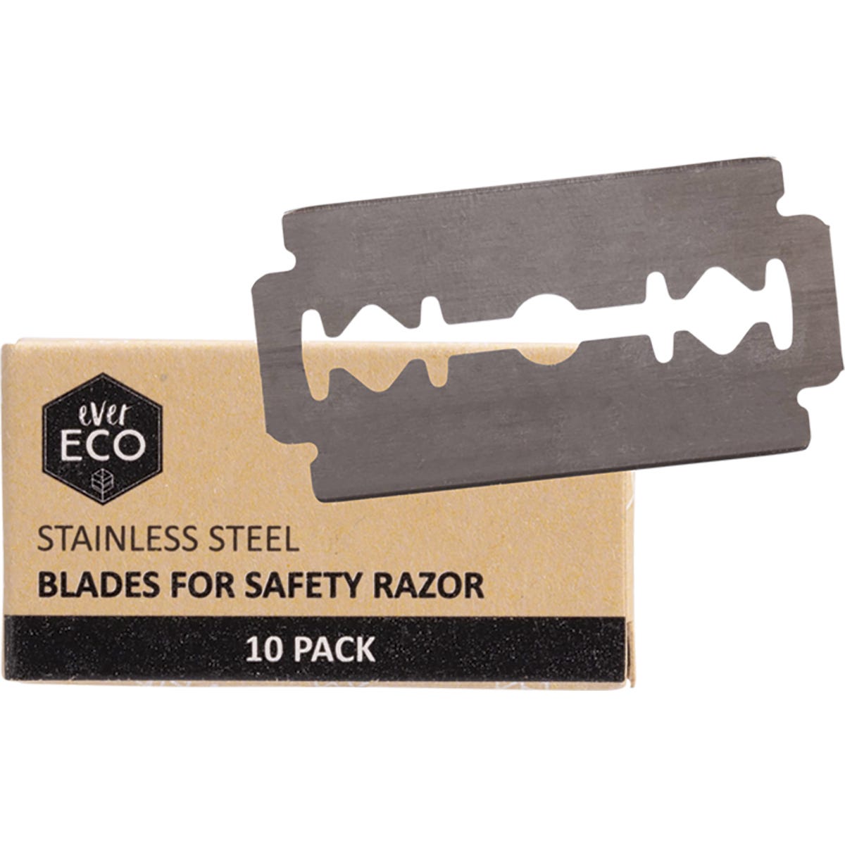 Ever Eco 10 pack of double edge stainless steel safety razor blades in a brown recyclable cardboard box.