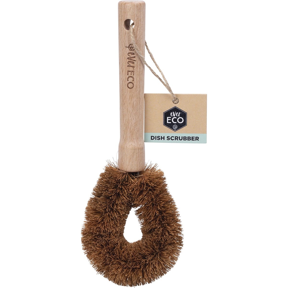Ever Eco dish scrubber with a natural beech wood handle and tough, rounded coconut husk bristles.