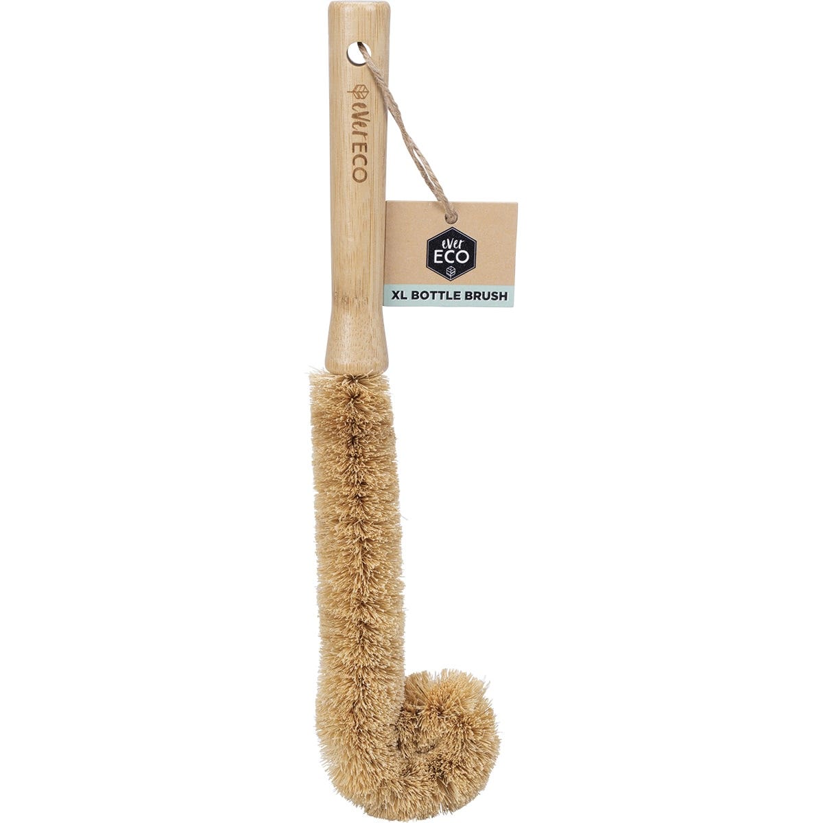 Ever Eco XL bottle brush with a long bamboo handle and rounded natural coconut fiber bristles for cleaning.