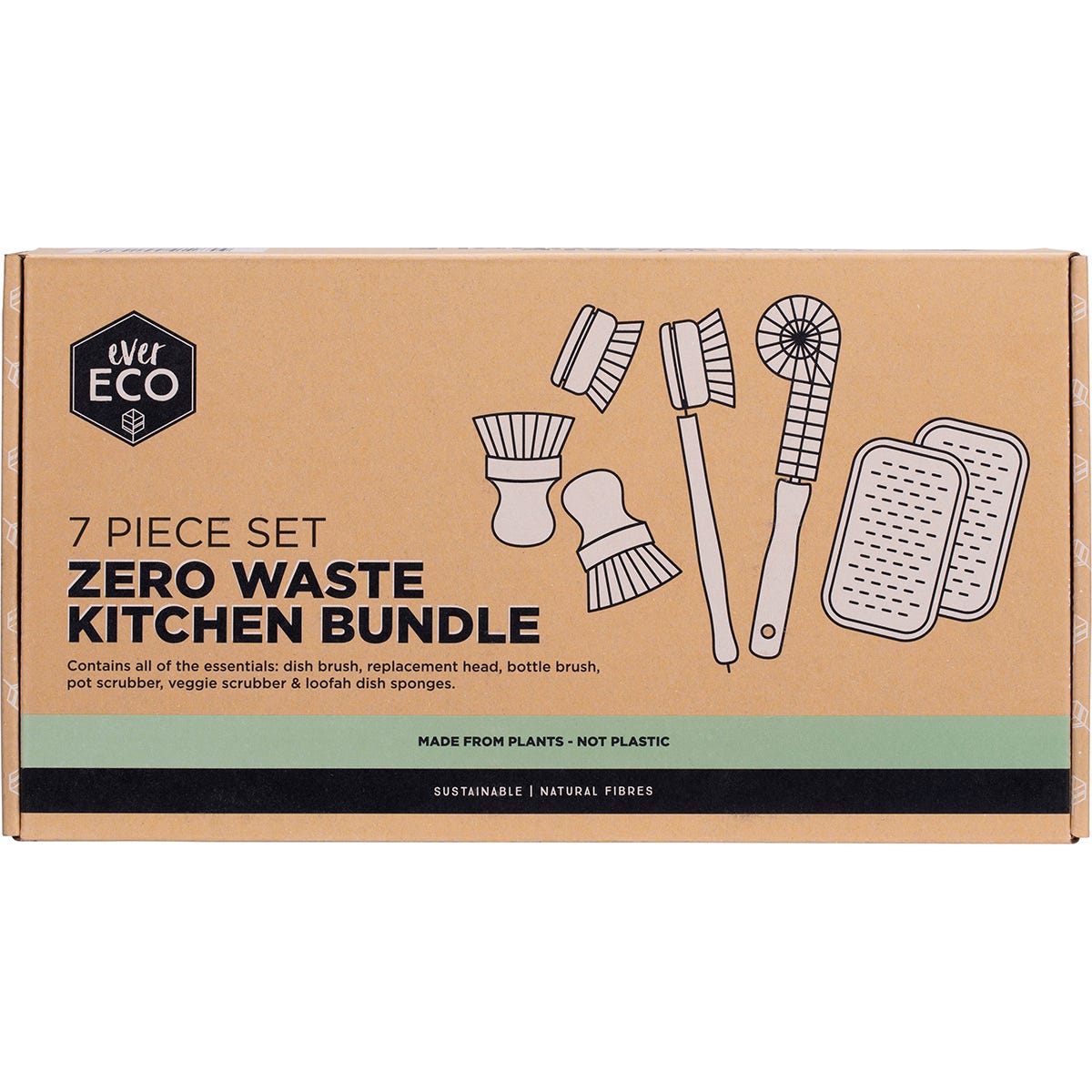 7-piece Ever Eco zero waste kitchen set with bamboo brushes, a bottle brush, and loofah sponges in a branded gift box.