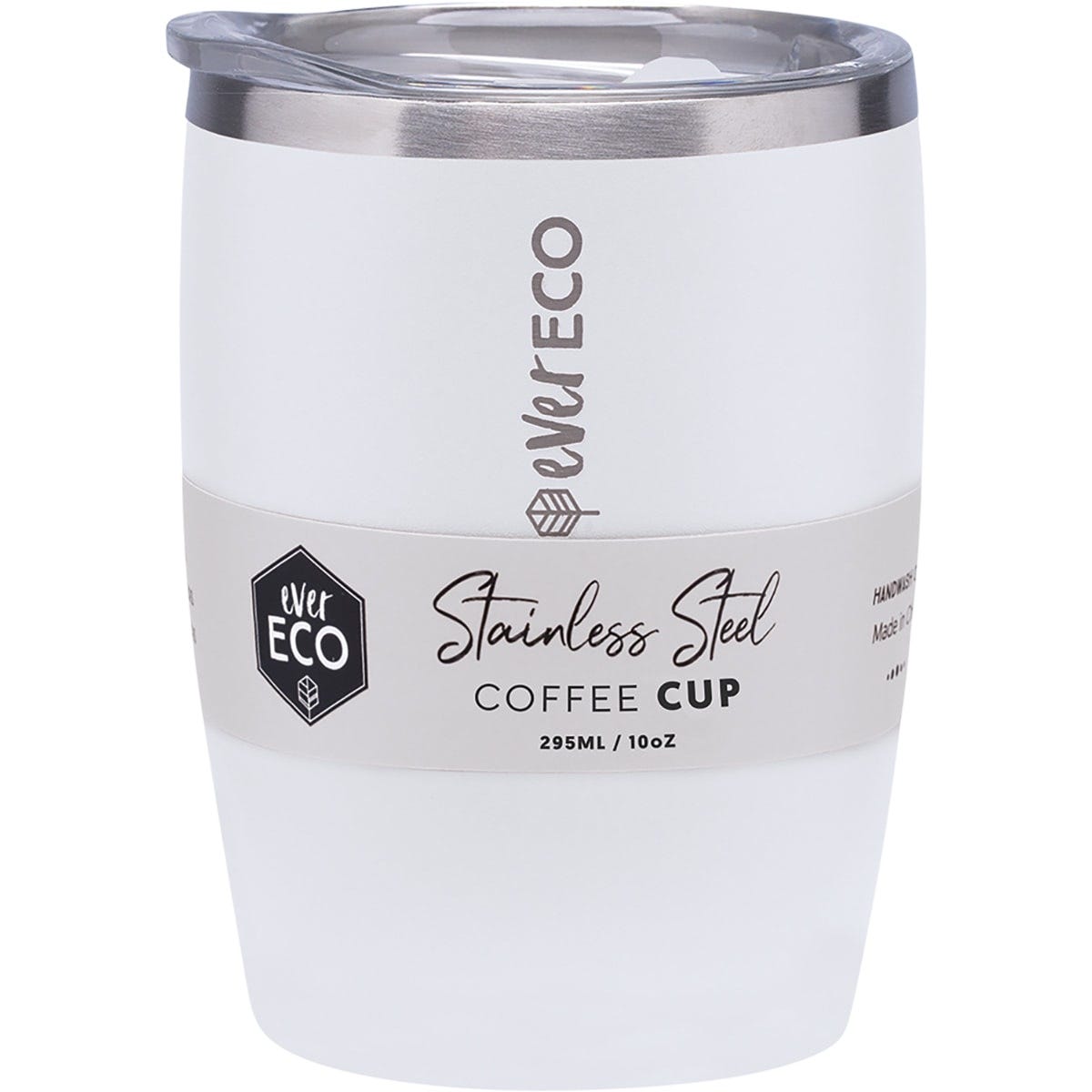 White 295ml Ever Eco insulated stainless steel coffee cup with a matte finish and a clear sliding lid.