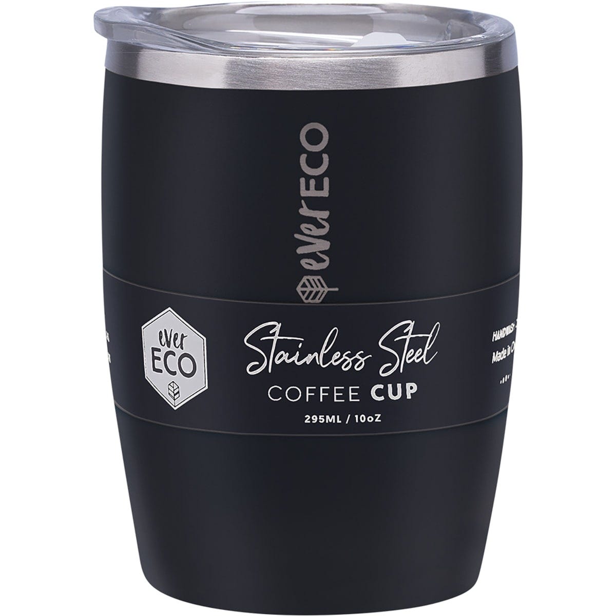 Onyx black 295ml insulated stainless steel coffee cup with a clear sliding lid and matte powder coated finish.