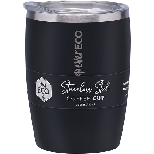 Onyx black 295ml insulated stainless steel coffee cup with a clear sliding lid and matte powder coated finish.