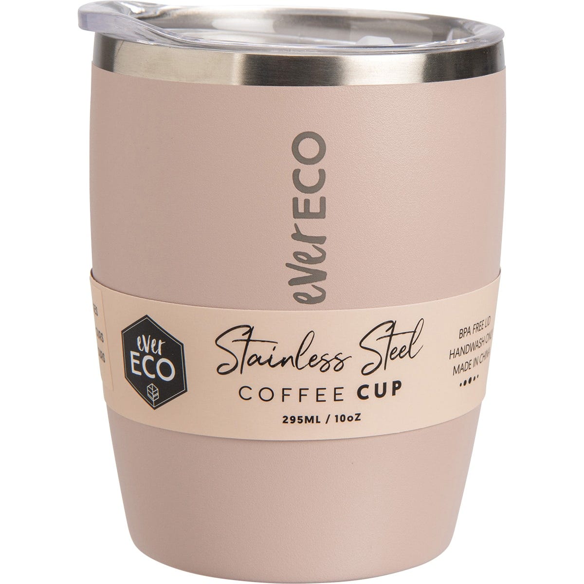 Rose-colored 295ml Ever Eco insulated coffee cup with a clear lid, shown on a white background.