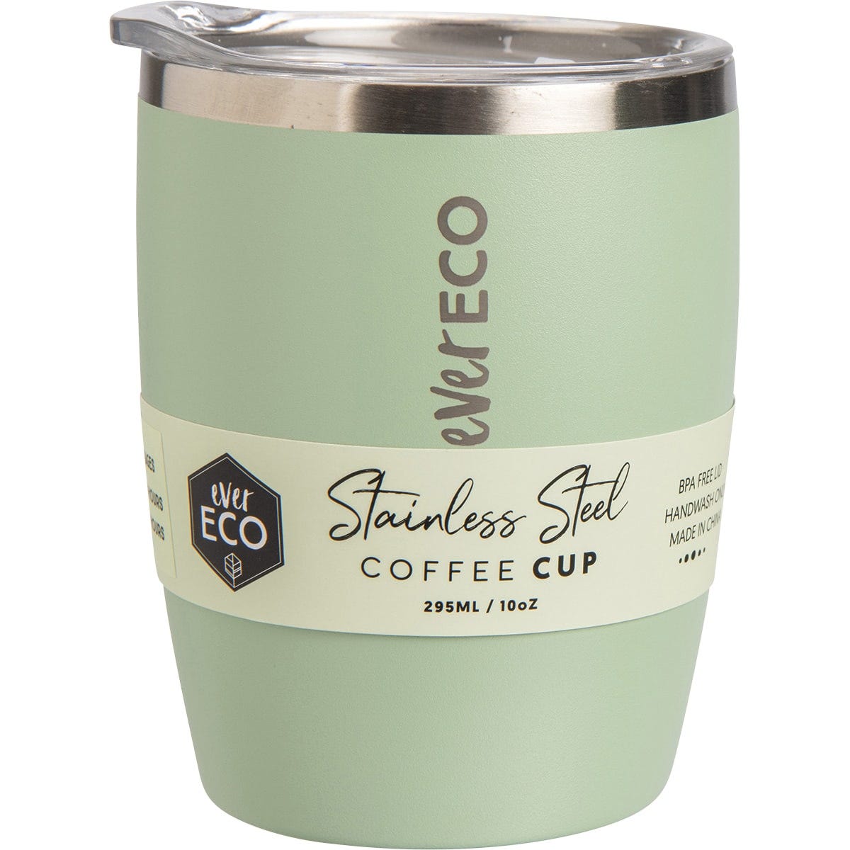 Ever Eco 295ml insulated coffee cup in sage green with a clear sliding lid and matte powder-coated finish.