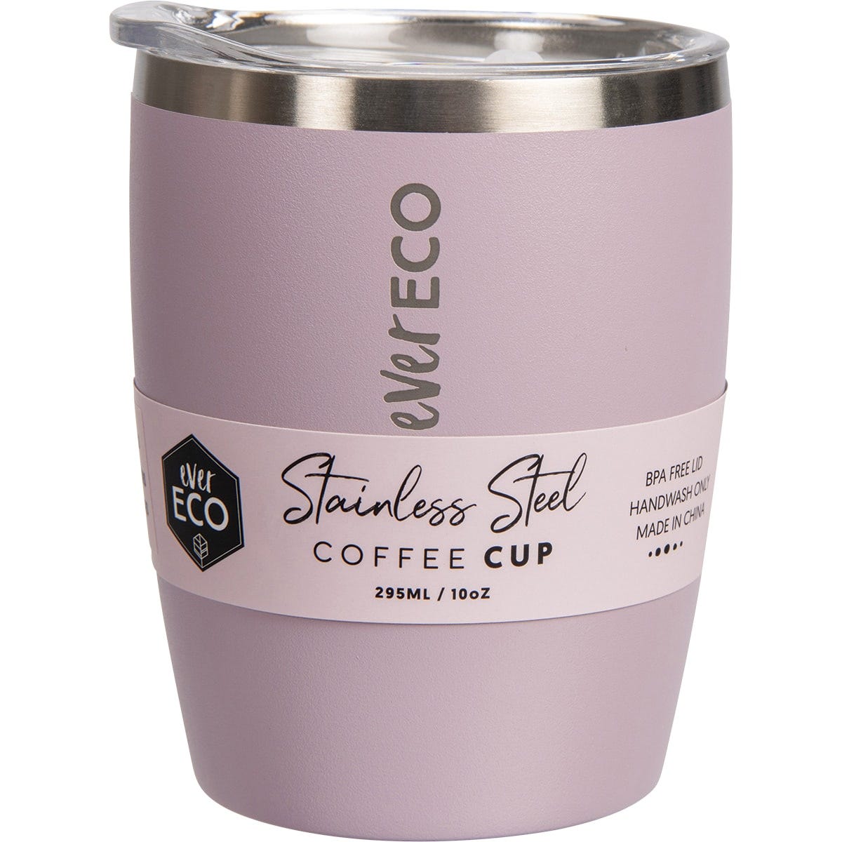 Lilac 295ml Ever Eco insulated stainless steel coffee cup with a clear sliding lid on a white background.
