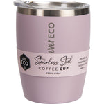 Lilac 295ml Ever Eco insulated stainless steel coffee cup with a clear sliding lid on a white background.
