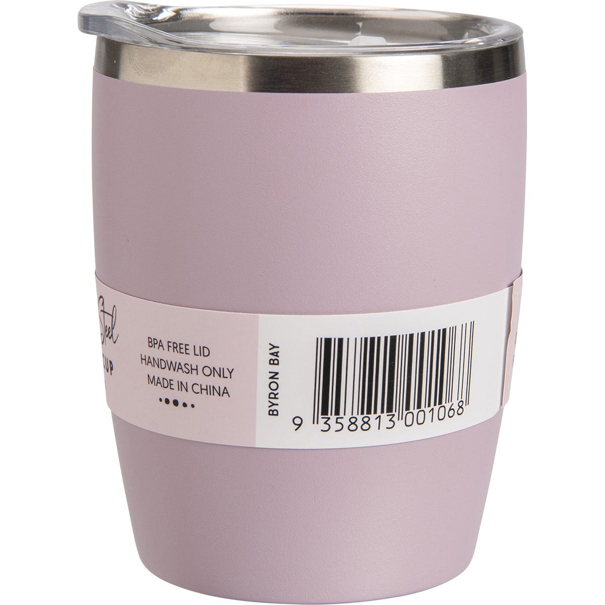 Lilac Ever Eco insulated coffee cup with a clear lid, angled to the right on a white background.