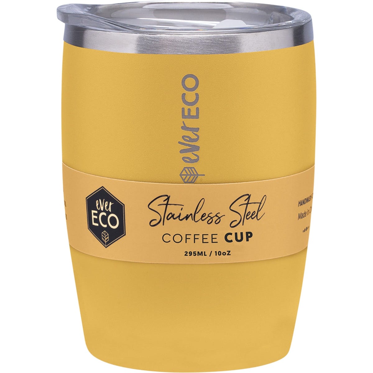 Yellow-gold 295ml insulated stainless steel coffee cup with a clear sliding lid and matte powder-coated finish.