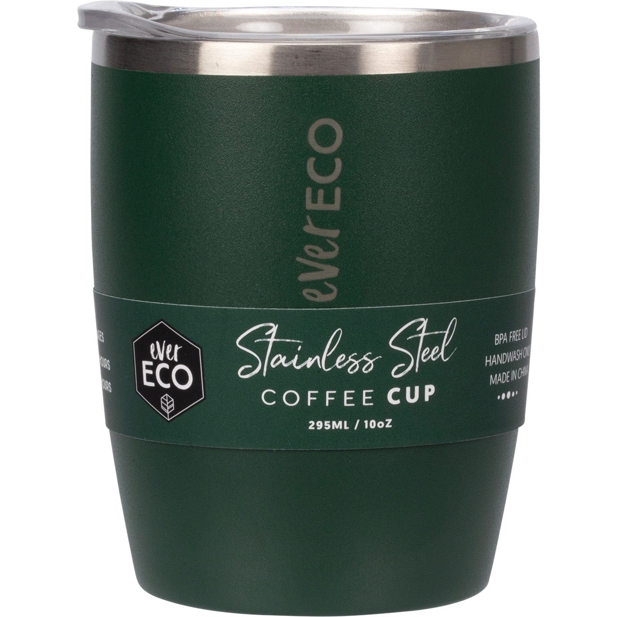 Forest green 295ml Ever Eco insulated stainless steel coffee cup with a clear sliding lid on a white background.