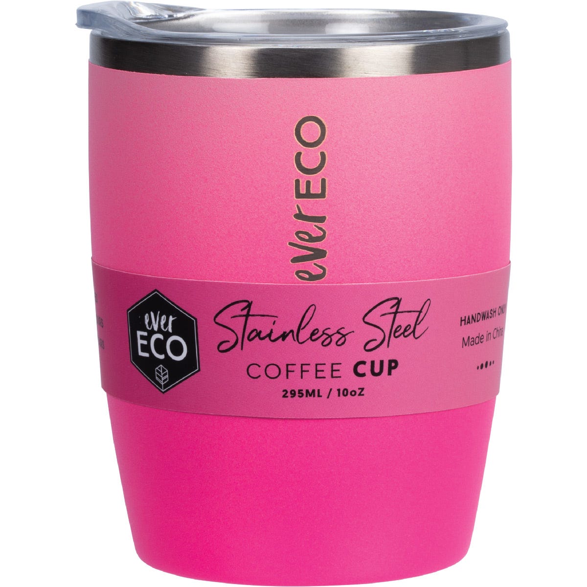 Pink ombre 295ml insulated stainless steel coffee cup with a clear sliding lid on a white background.
