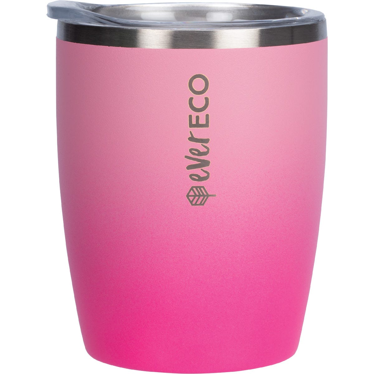 Pink ombre 295ml insulated stainless steel coffee cup with a clear lid on a white background.