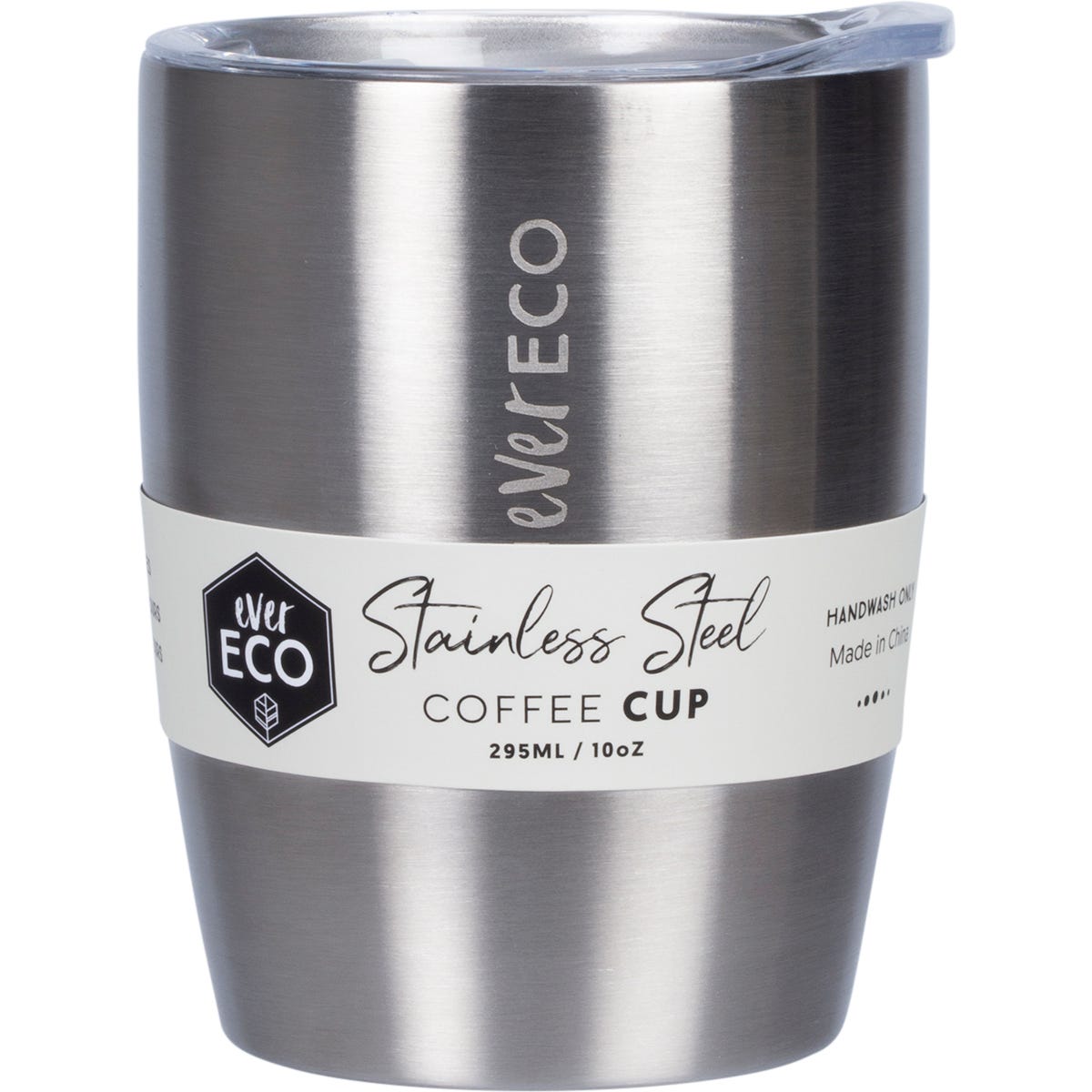 Brushed stainless steel 295ml insulated coffee cup with a clear splash-proof lid on a white background.