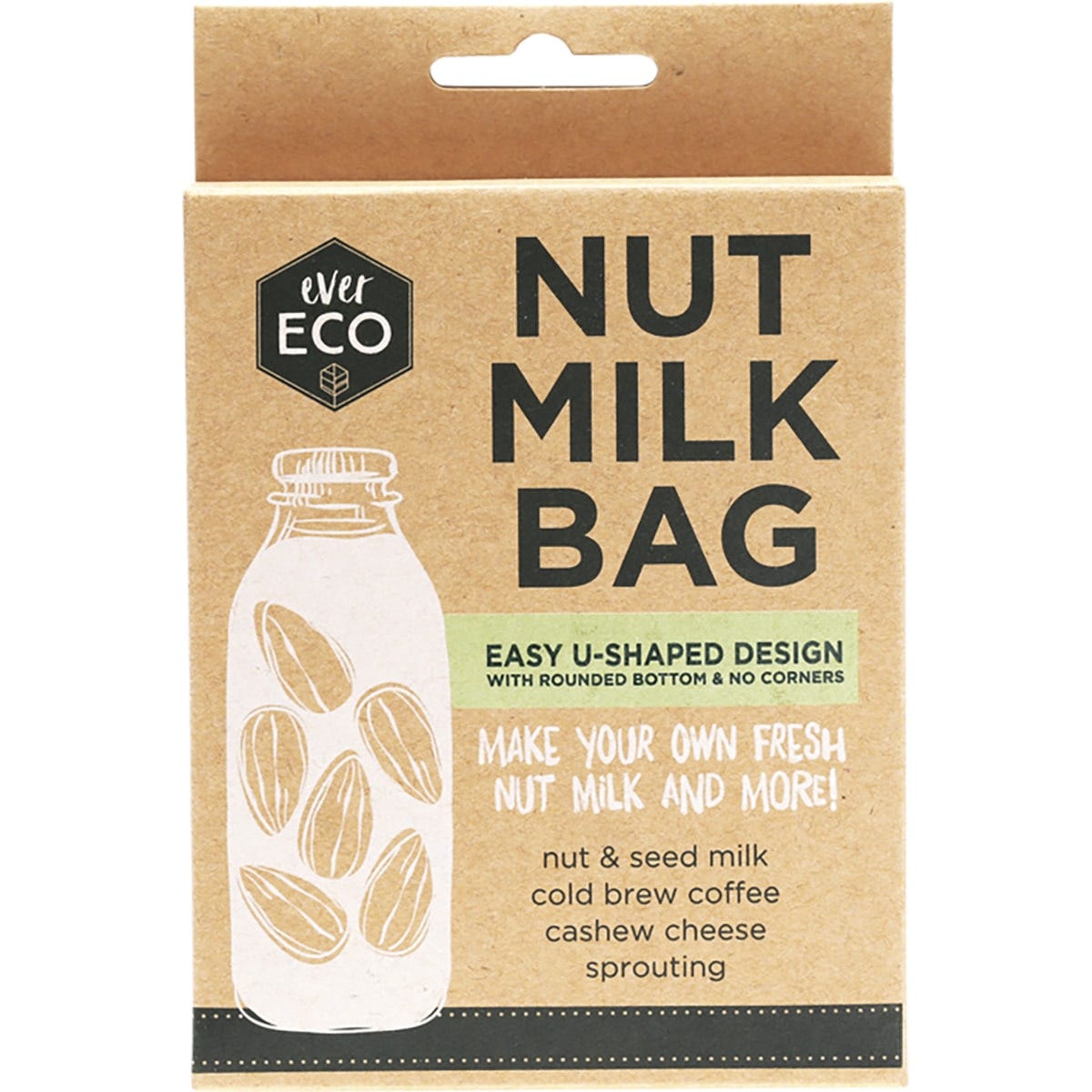 Ever Eco U-shaped nut milk bag made of fine white mesh with a drawstring, designed for making smooth, pulp-free plant milks.