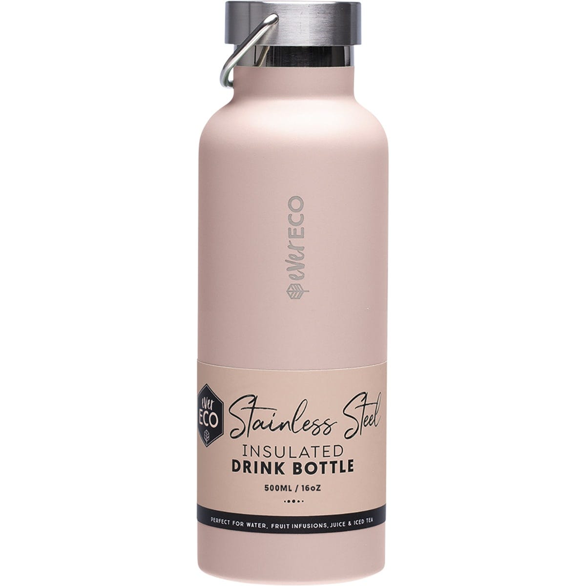 Rose pink 500ml insulated stainless steel drink bottle with a matte finish, silver cap, and integrated carry handle.