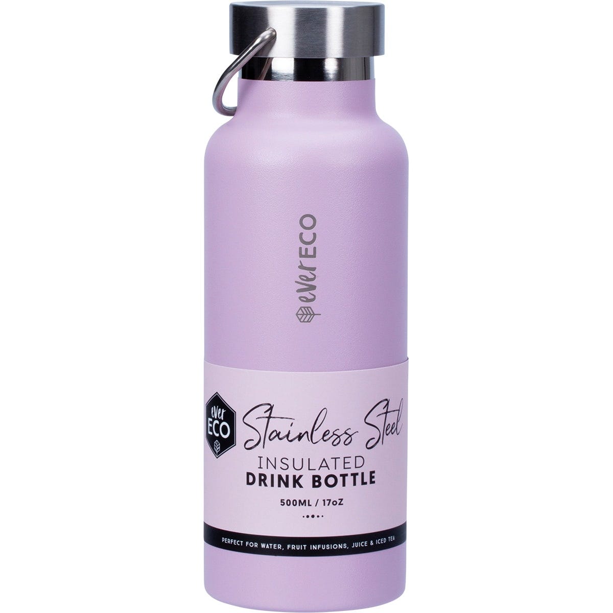 Lilac 500ml Ever Eco insulated stainless steel drink bottle with a matching screw-top lid and silver carry handle.