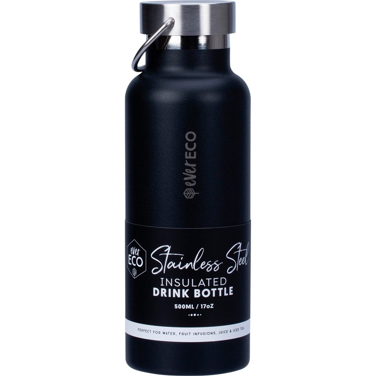 Onyx matte black 500ml Ever Eco insulated stainless steel drink bottle with a carry handle lid on a white background.