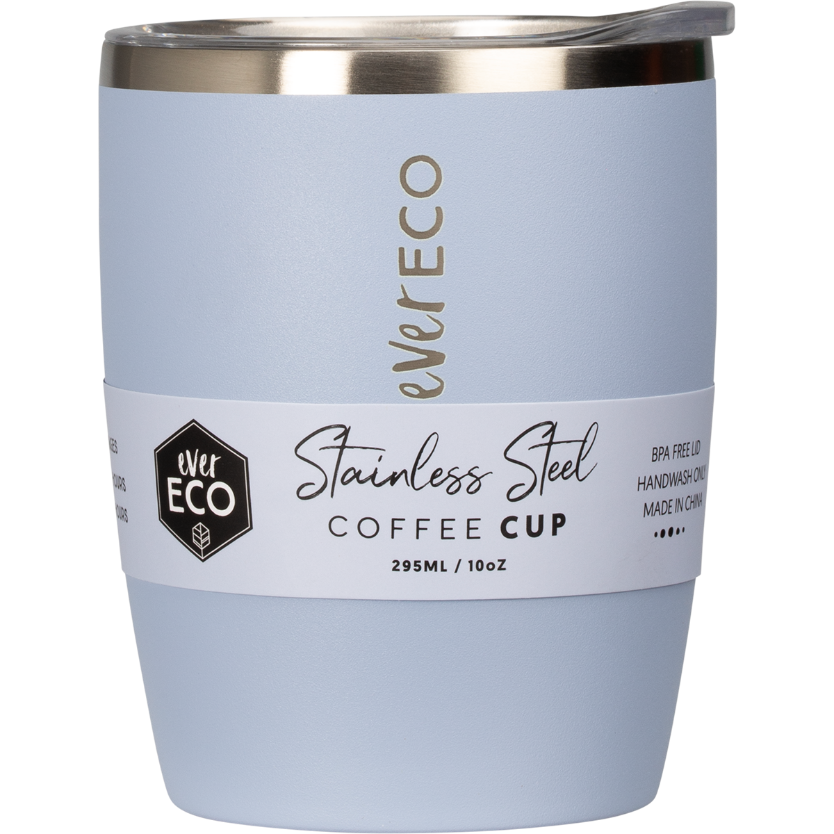 295ml Ever Eco insulated coffee cup in Cove blue with a clear splash-proof lid and matte finish.