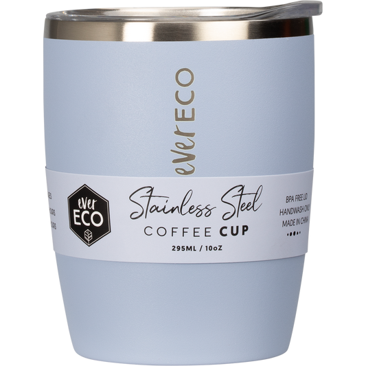 295ml Ever Eco insulated coffee cup in Cove blue with a clear splash-proof lid and matte finish.