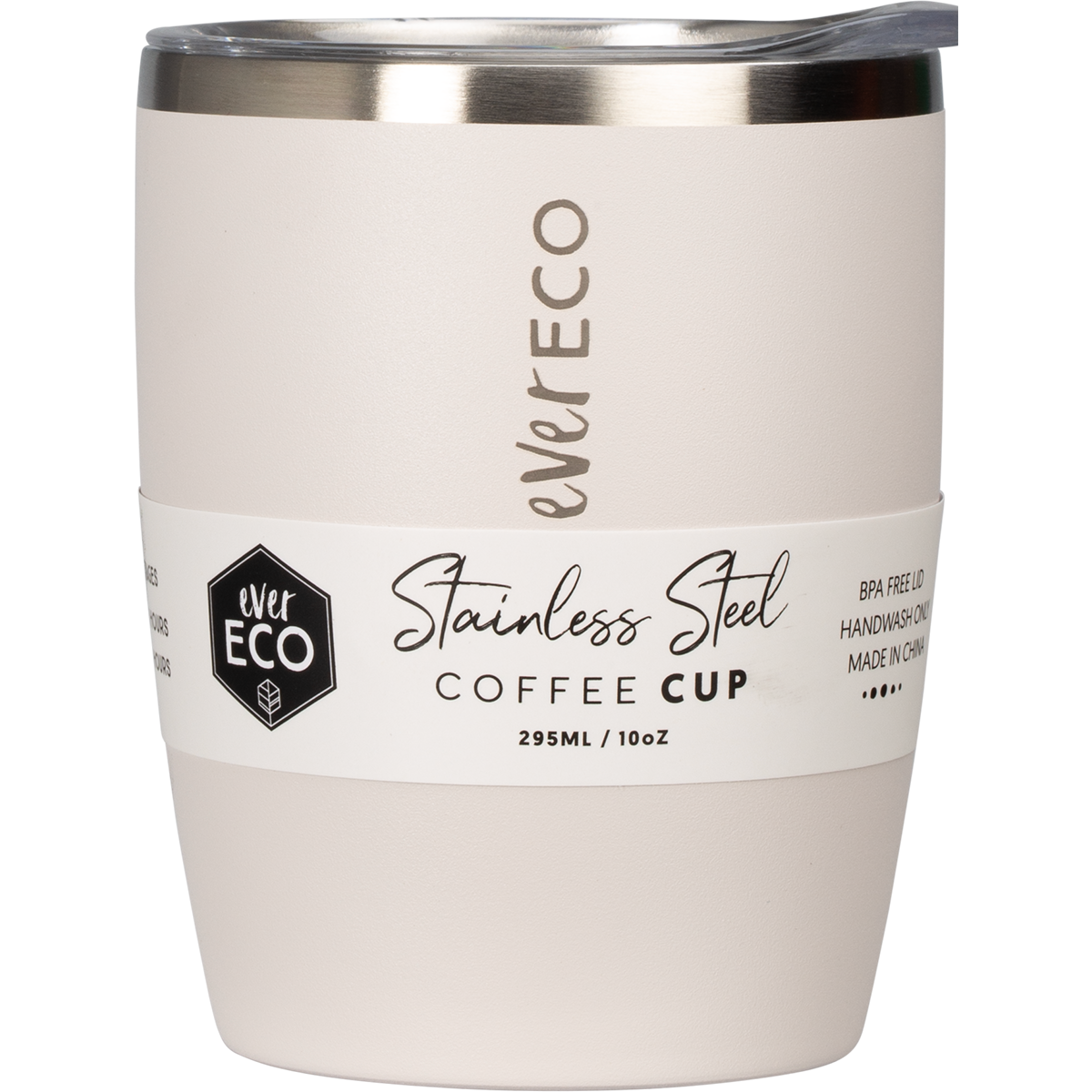 295ml Ever Eco insulated stainless steel coffee cup in matte Oat with a clear splash-proof sliding lid.