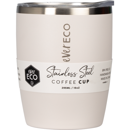 295ml Ever Eco insulated stainless steel coffee cup in matte Oat with a clear splash-proof sliding lid.