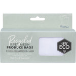 Four recycled mesh produce bags with a drawstring and a pocket-sized storage pouch featuring a carabiner clip.