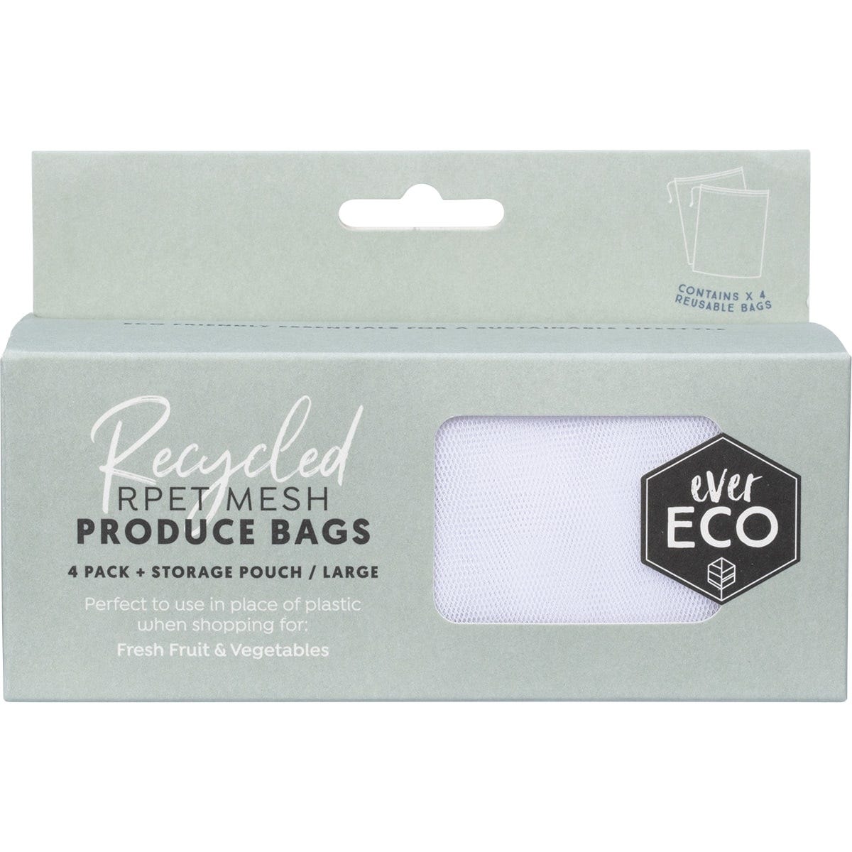 Four recycled mesh produce bags with a drawstring and a pocket-sized storage pouch featuring a carabiner clip.