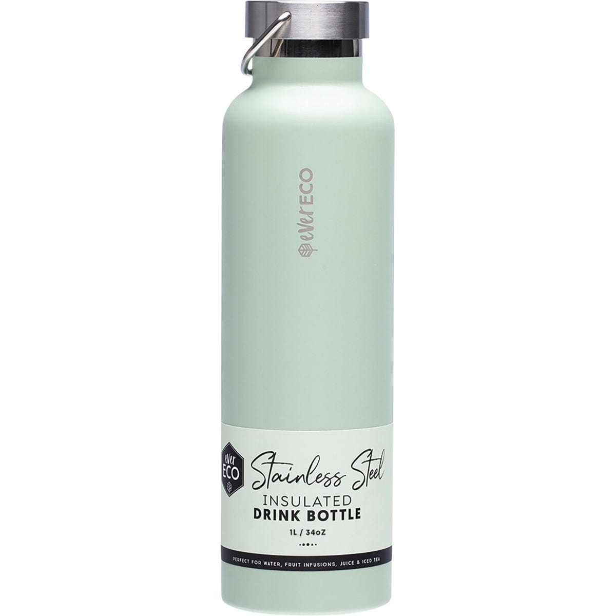 Sage green 1L Ever Eco insulated stainless steel drink bottle with a matching screw-top lid and integrated carry handle.
