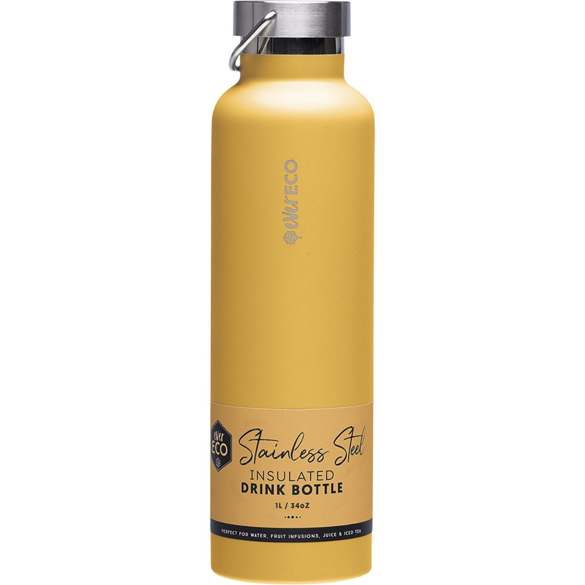 Marigold 1L Ever Eco insulated stainless steel drink bottle with a matte powder coated finish and silver carry handle.